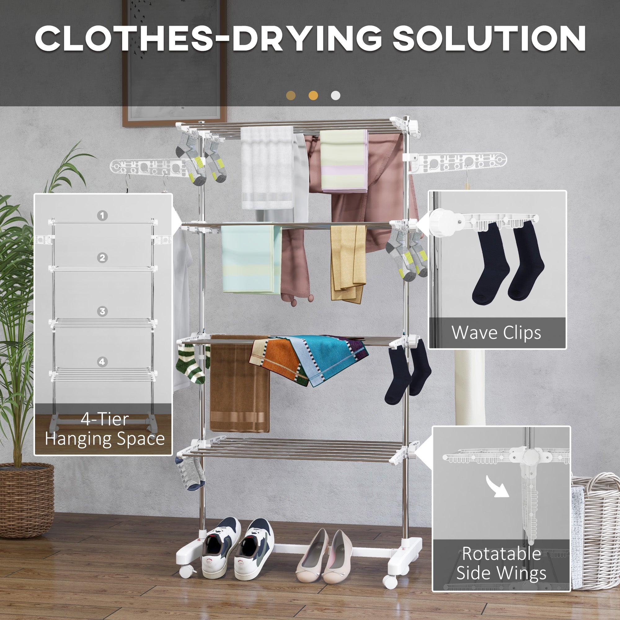 Clothes Rack Tower Clothes Dryer with 4 Levels, Foldable Wings, Wheels, Tower Clothes Rack for Indoor and Outdoor Use, 142 x 55 x 172 cm, White