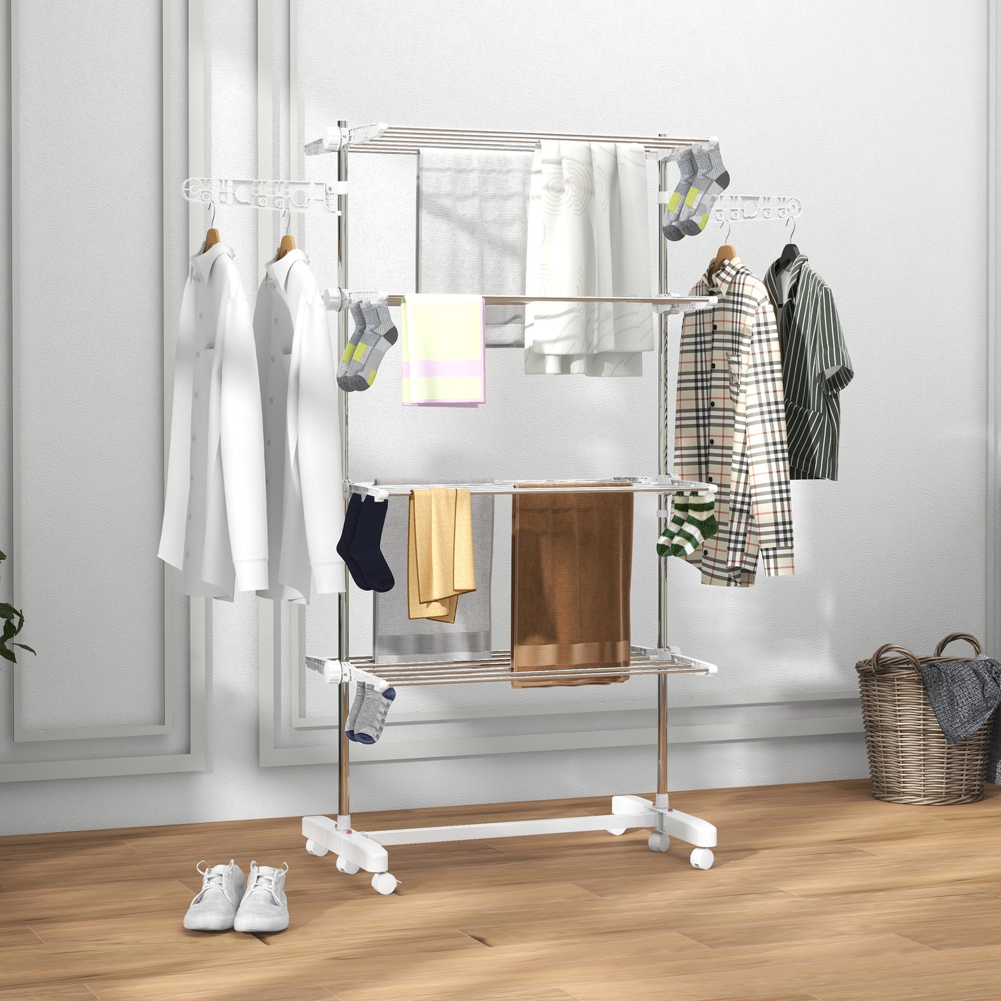Clothes Rack Tower Clothes Dryer with 4 Levels, Foldable Wings, Wheels, Tower Clothes Rack for Indoor and Outdoor Use, 142 x 55 x 172 cm, White