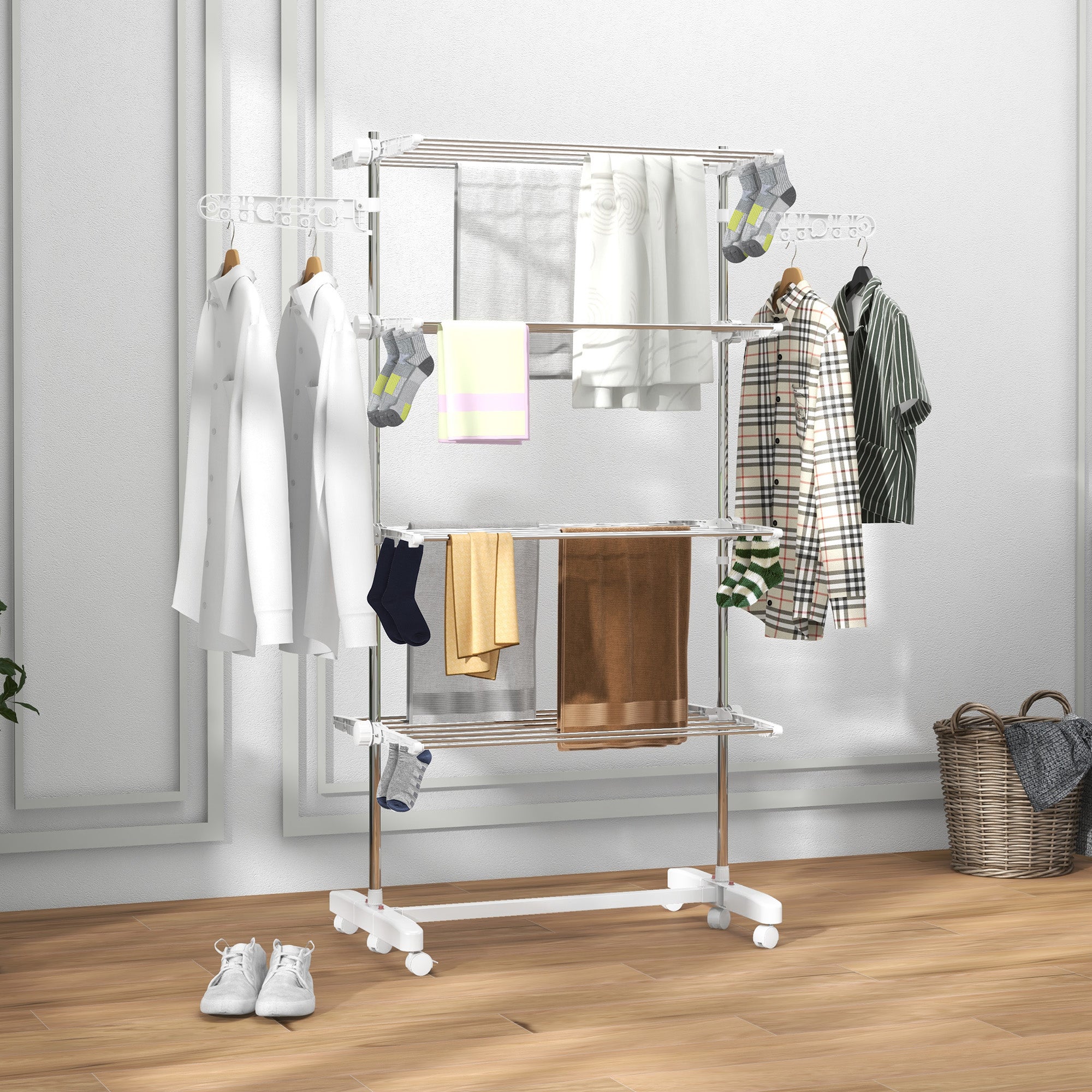 Clothes Rack Tower Clothes Dryer with 4 Levels, Foldable Wings, Wheels, Tower Clothes Rack for Indoor and Outdoor Use, 142 x 55 x 172 cm, White