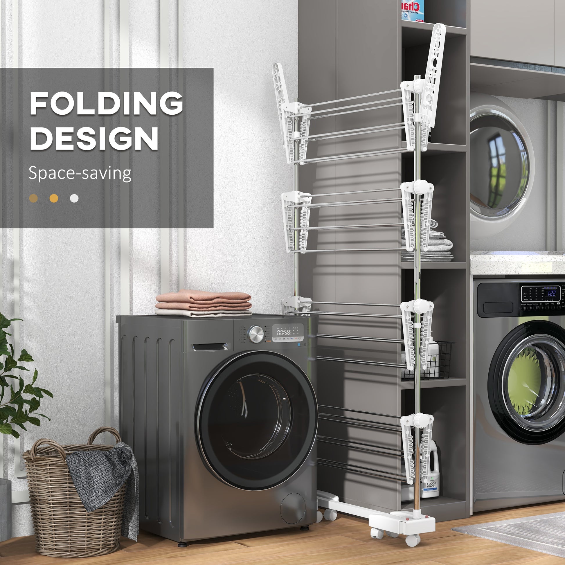 Clothes Rack Tower Clothes Dryer with 4 Levels, Foldable Wings, Wheels, Tower Clothes Rack for Indoor and Outdoor Use, 142 x 55 x 172 cm, White