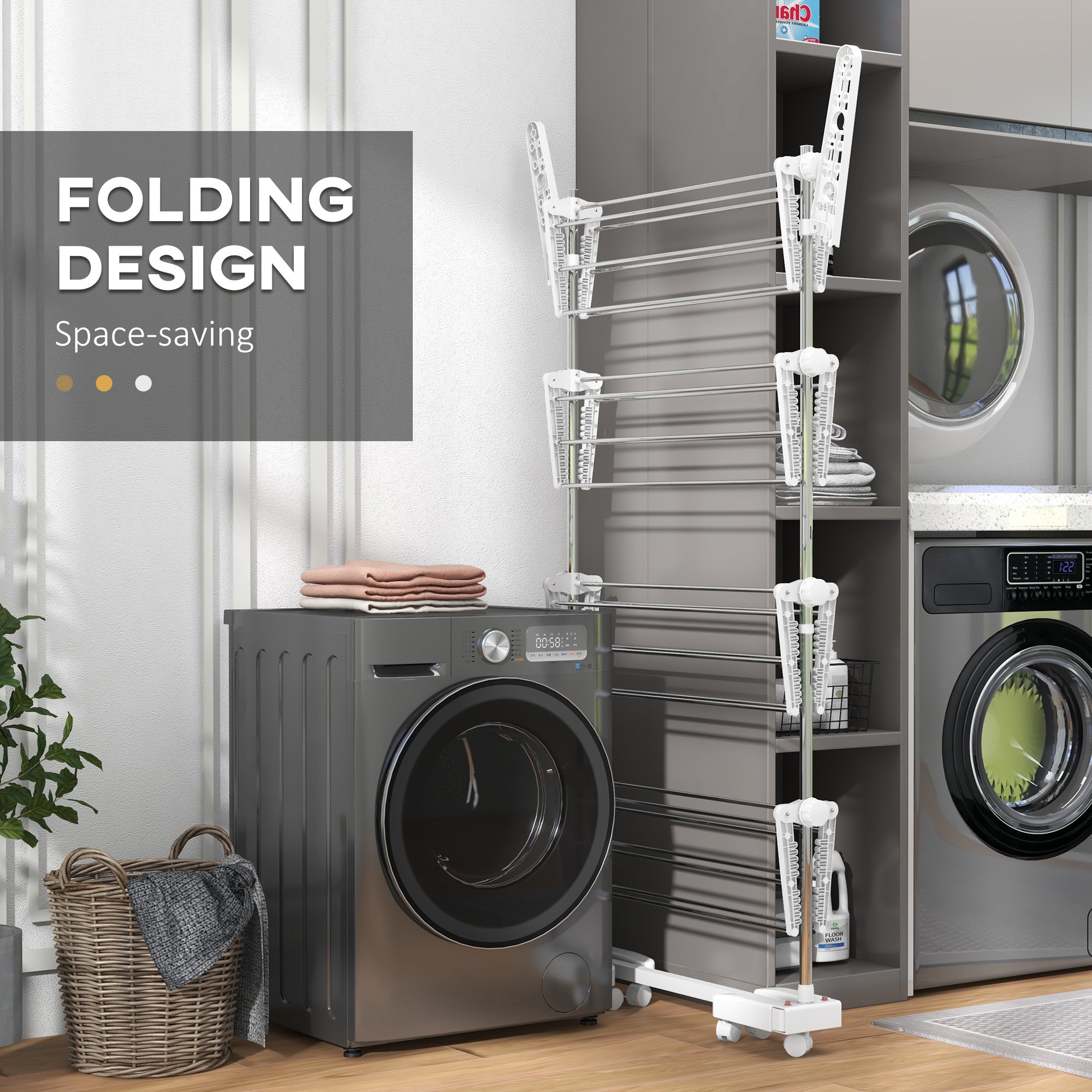 Clothes Rack Tower Clothes Dryer with 4 Levels, Foldable Wings, Wheels, Tower Clothes Rack for Indoor and Outdoor Use, 142 x 55 x 172 cm, White