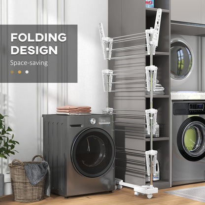 Clothes Rack Tower Clothes Dryer with 4 Levels, Foldable Wings, Wheels, Tower Clothes Rack for Indoor and Outdoor Use, 142 x 55 x 172 cm, White