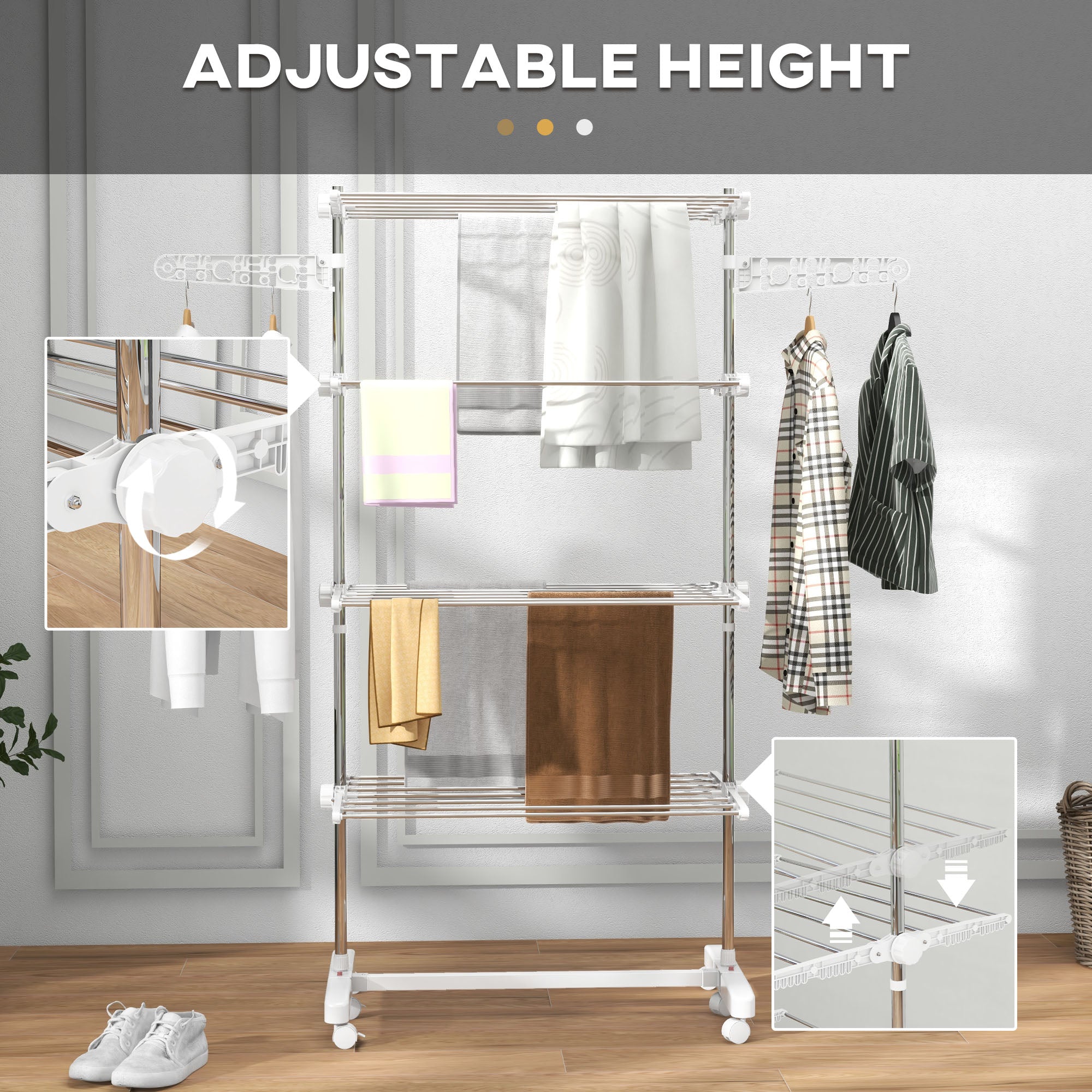 Clothes Rack Tower Clothes Dryer with 4 Levels, Foldable Wings, Wheels, Tower Clothes Rack for Indoor and Outdoor Use, 142 x 55 x 172 cm, White