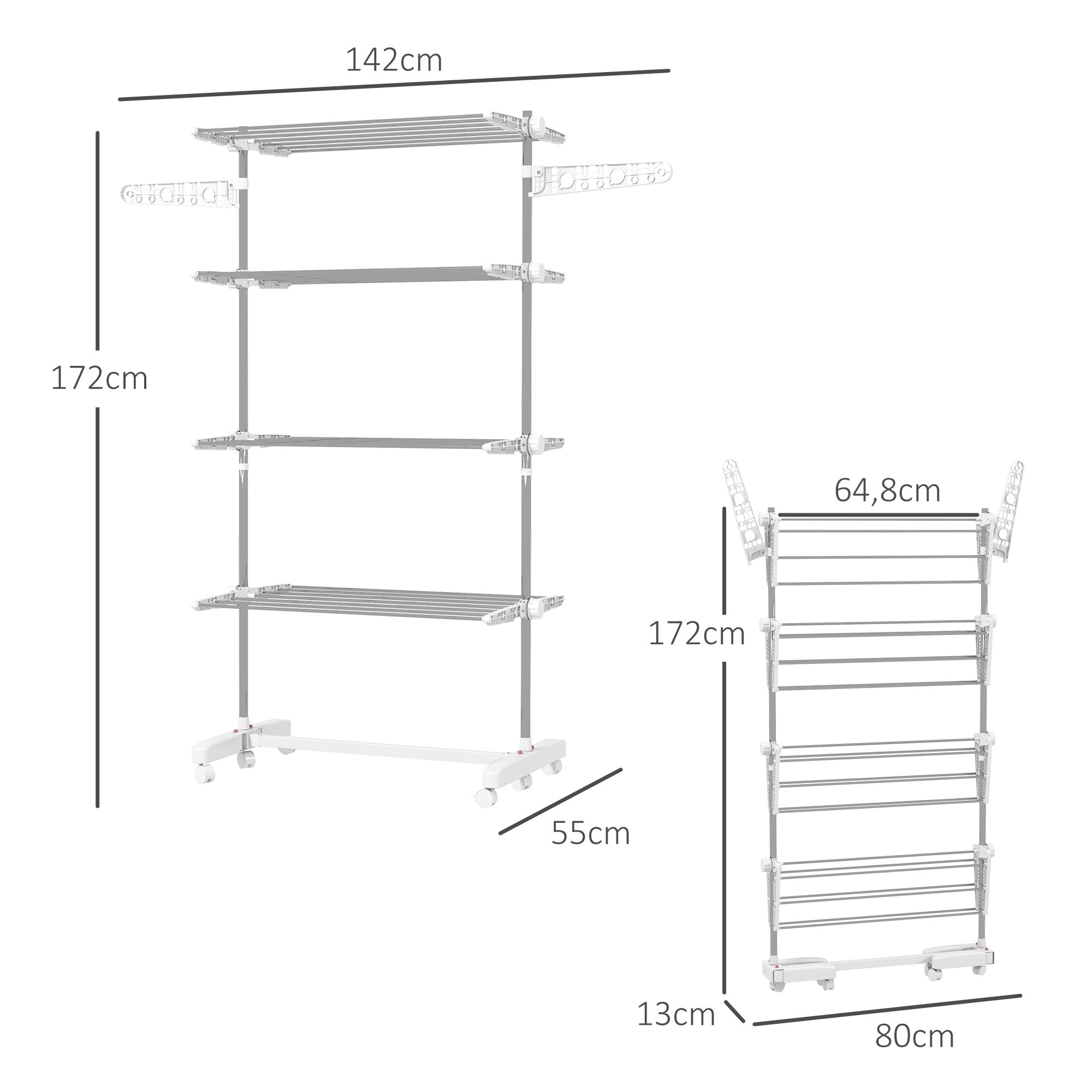 Clothes Rack Tower Clothes Dryer with 4 Levels, Foldable Wings, Wheels, Tower Clothes Rack for Indoor and Outdoor Use, 142 x 55 x 172 cm, White