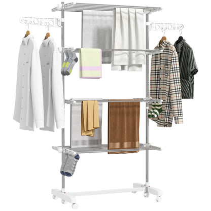 Clothes Rack Tower Clothes Dryer with 4 Levels, Foldable Wings, Wheels, Tower Clothes Rack for Indoor and Outdoor Use, 142 x 55 x 172 cm, White