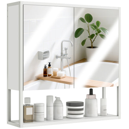 Mirrored Wall Bathroom Cabinet, 60 x 16 x 60 cm (23.6 x 6.3 x 23.6 in) — 2 Mirrored Doors, Adjustable Interior Shelf & Open Shelf, White