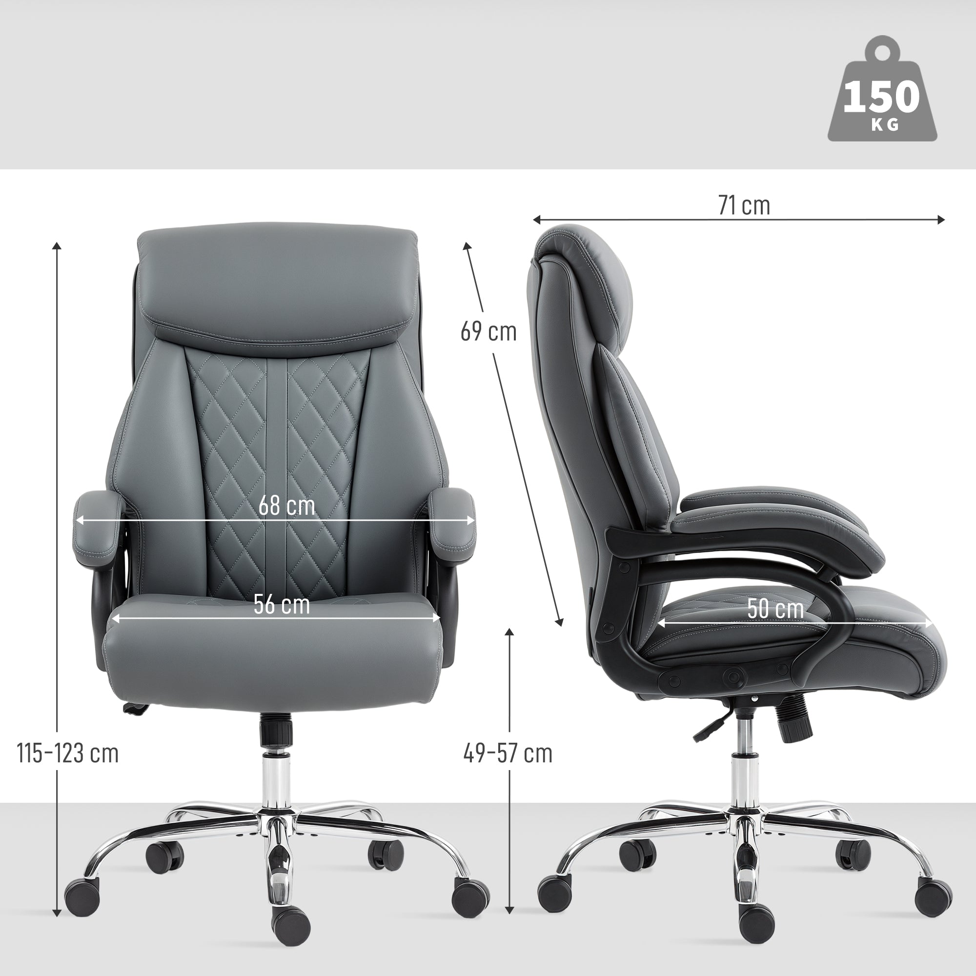 Big & Tall Executive Office Chair – PU Leather, Spring-Cushioned Seat, Quiet Casters, High Back, Height Adjustable, Anthracite Gray