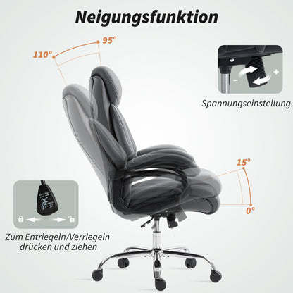 Big & Tall Executive Office Chair – PU Leather, Spring-Cushioned Seat, Quiet Casters, High Back, Height Adjustable, Anthracite Gray