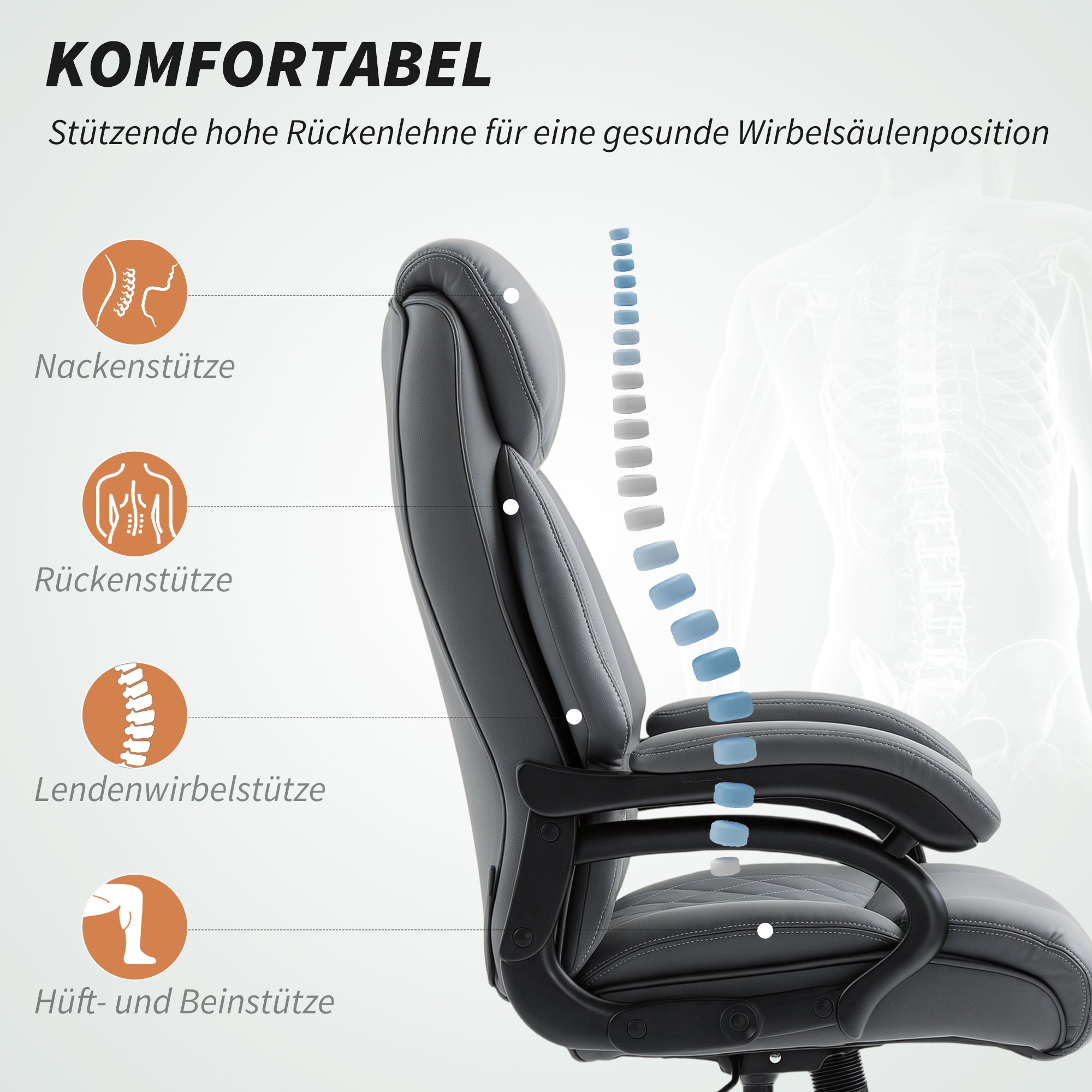 Big & Tall Executive Office Chair – PU Leather, Spring-Cushioned Seat, Quiet Casters, High Back, Height Adjustable, Anthracite Gray