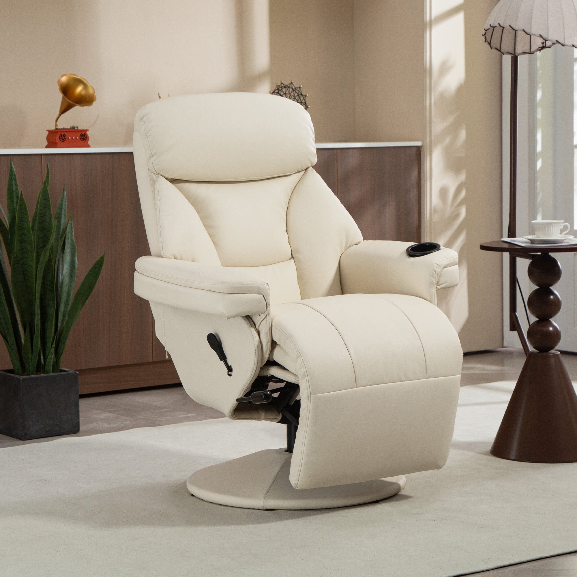 PU Leather Recliner with Manual Recline, Cup Holder & Side Pocket — Swivel TV Chair for Living Room/Bedroom, Cream