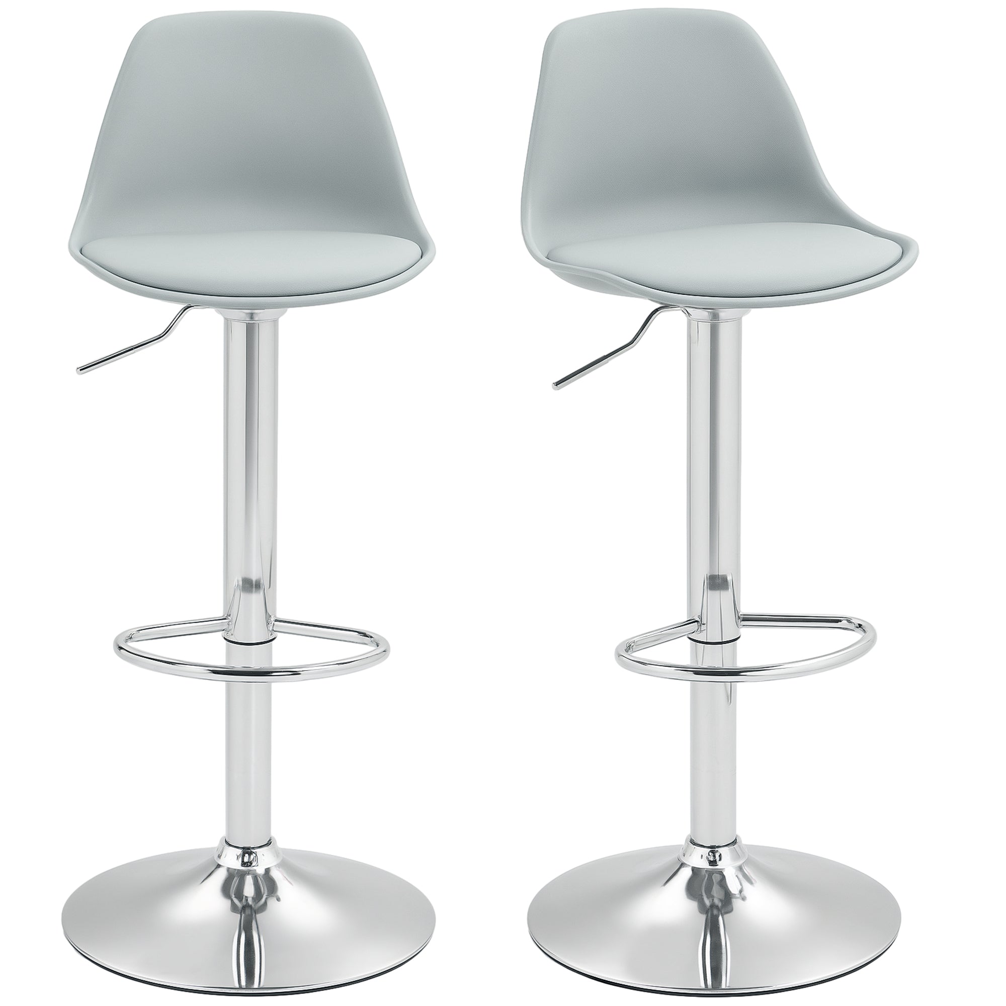 Bar Stool 2-Piece Set, Upholstered Bar Chair with Steel Frame, Backrest, Height Adjustable Kitchen Chairs with Footrest 360° Swivel Counter Stool for Kitchen, Living Room, Dining Room, Faux Leather Grey