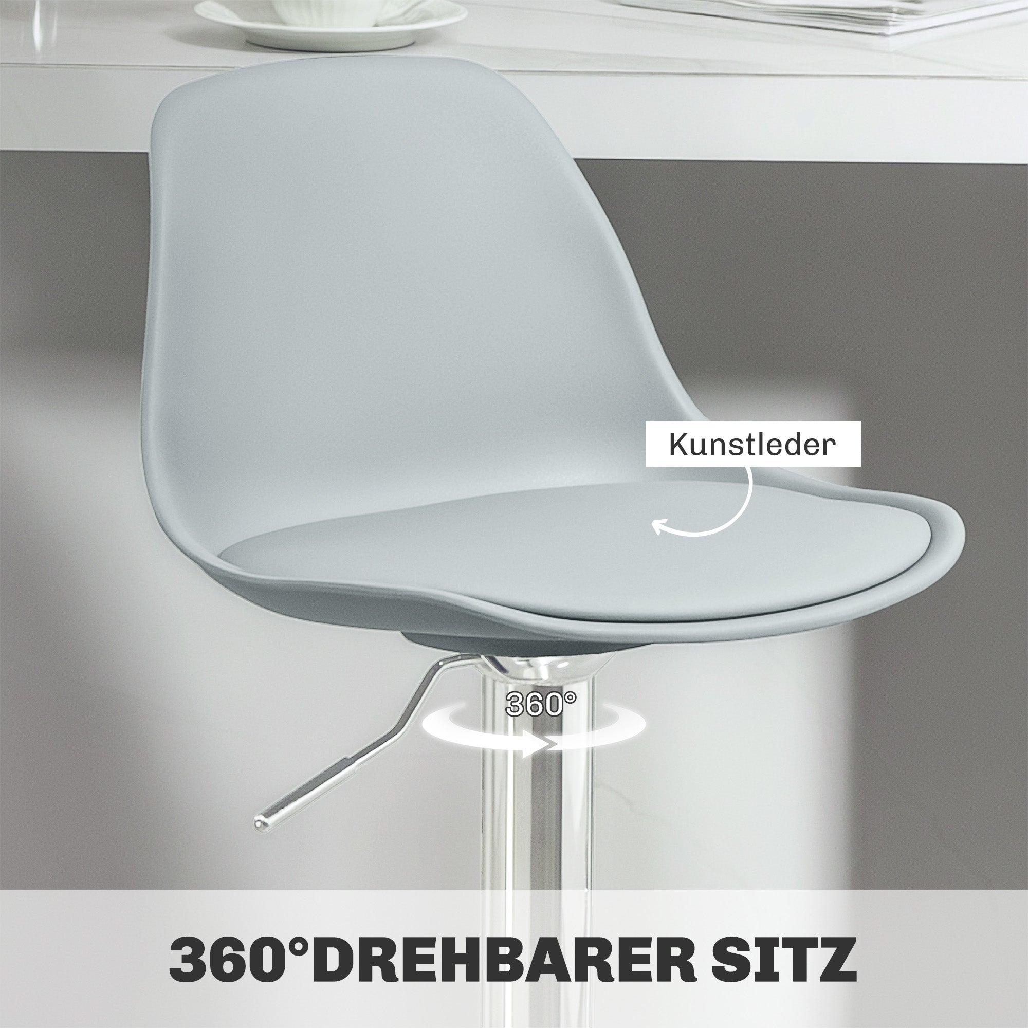 Bar Stool 2-Piece Set, Upholstered Bar Chair with Steel Frame, Backrest, Height Adjustable Kitchen Chairs with Footrest 360° Swivel Counter Stool for Kitchen, Living Room, Dining Room, Faux Leather Grey