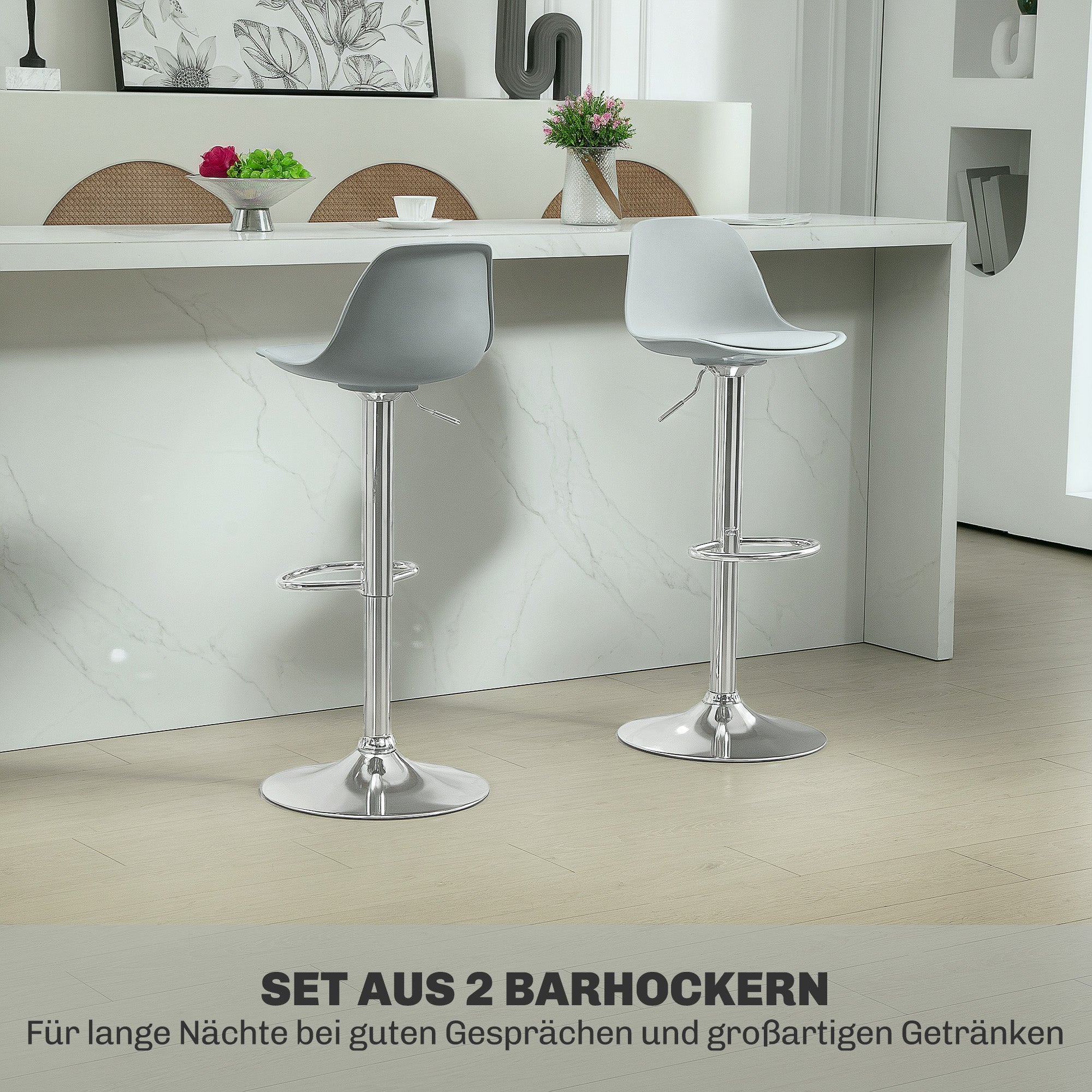 Bar Stool 2-Piece Set, Upholstered Bar Chair with Steel Frame, Backrest, Height Adjustable Kitchen Chairs with Footrest 360° Swivel Counter Stool for Kitchen, Living Room, Dining Room, Faux Leather Grey