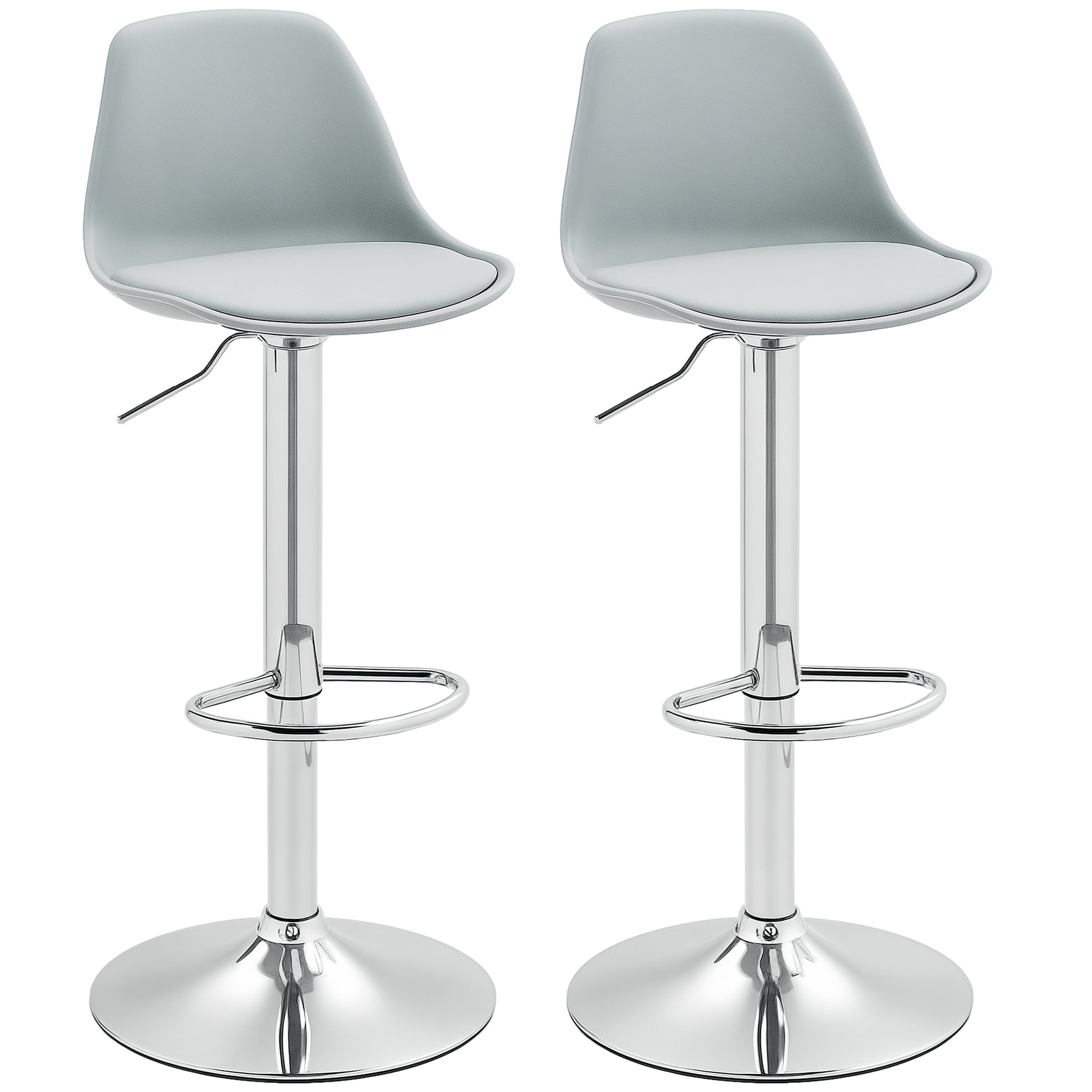 Bar Stool 2-Piece Set, Upholstered Bar Chair with Steel Frame, Backrest, Height Adjustable Kitchen Chairs with Footrest 360° Swivel Counter Stool for Kitchen, Living Room, Dining Room, Faux Leather Grey