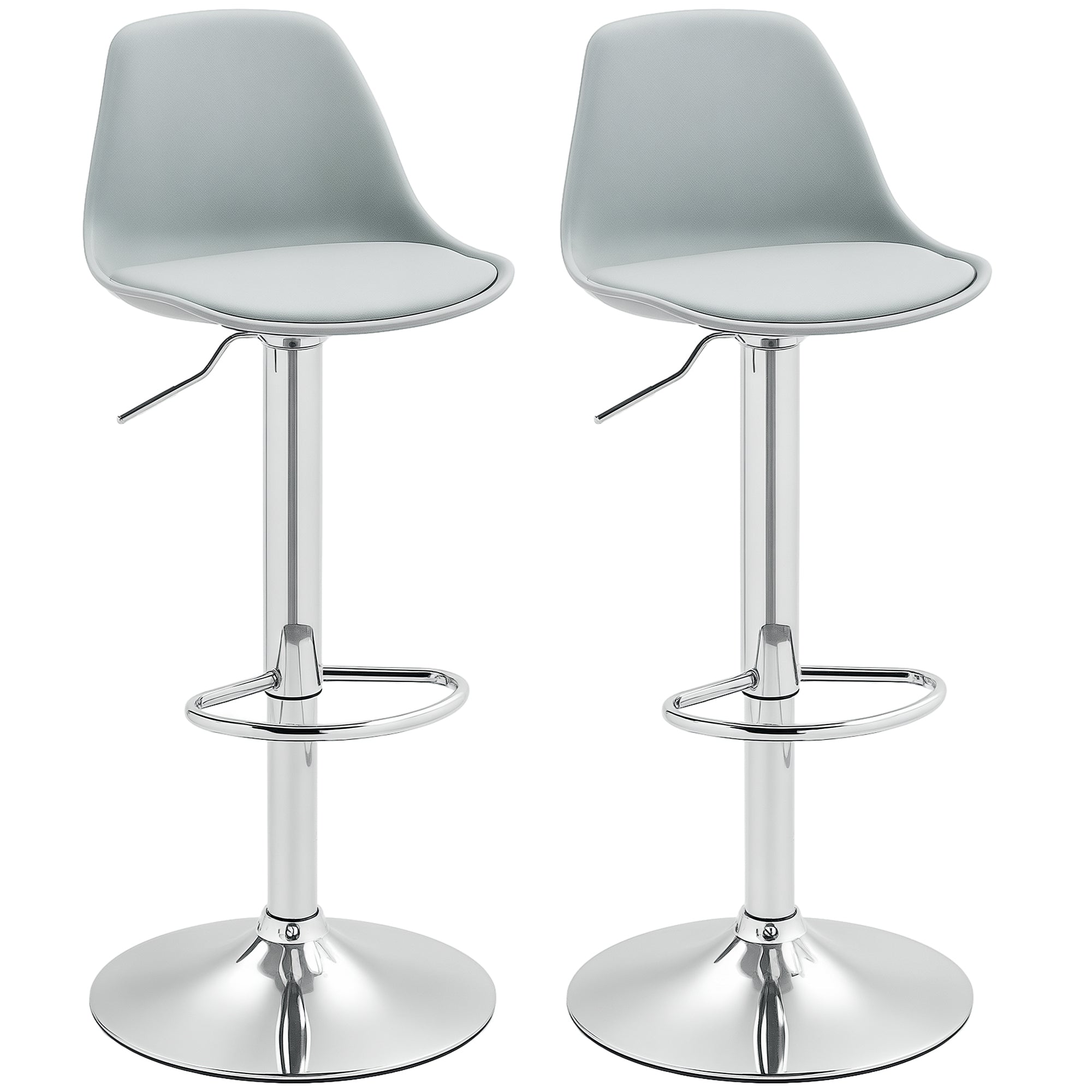 Bar Stool 2-Piece Set, Upholstered Bar Chair with Steel Frame, Backrest, Height Adjustable Kitchen Chairs with Footrest 360° Swivel Counter Stool for Kitchen, Living Room, Dining Room, Faux Leather Grey