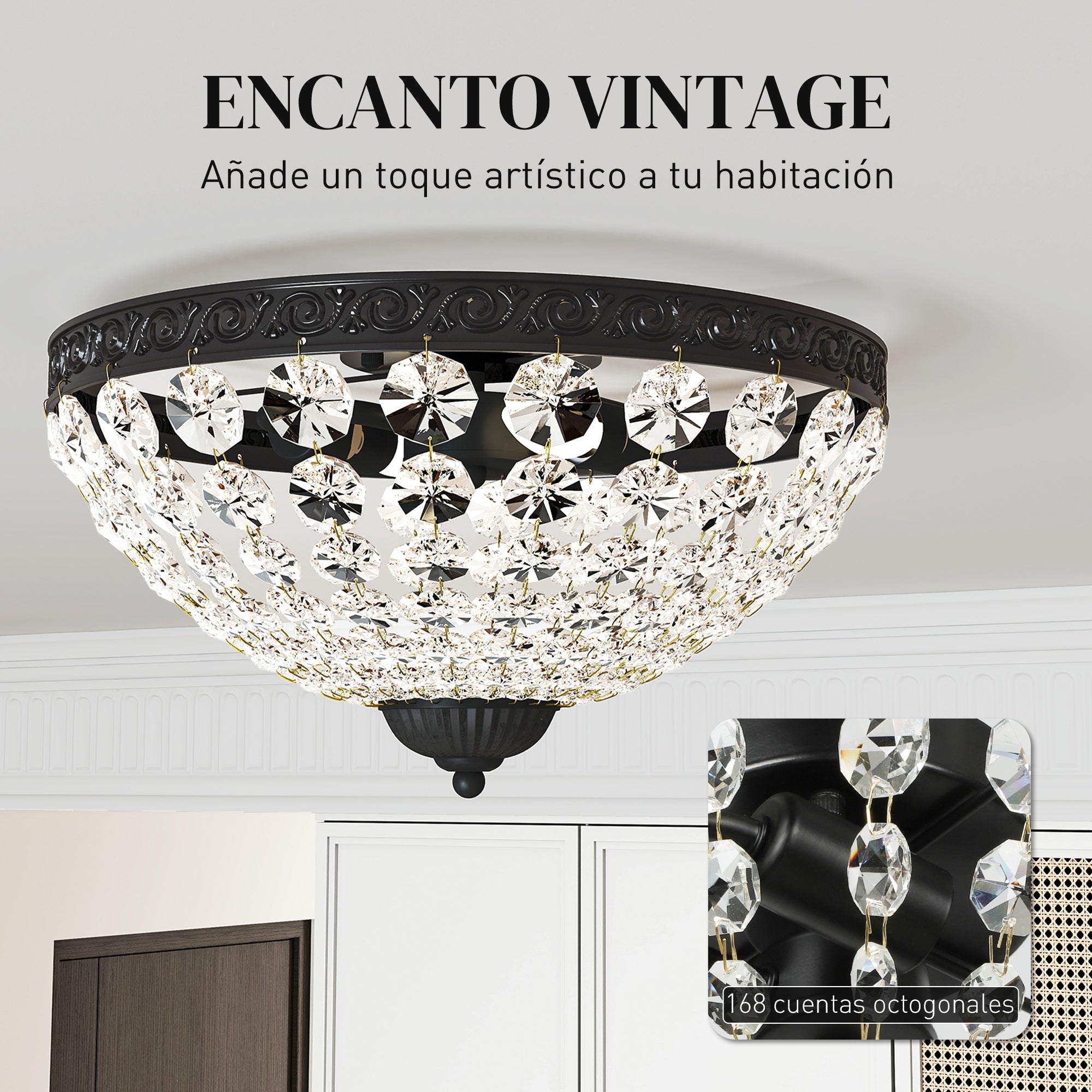 Classic Crystal Ceiling Light with 2 E14 Sockets, 40W, Vintage Flush Mount with 168 Crystal Beads for Bedroom, Living Room, Kitchen and Dining Room, Black