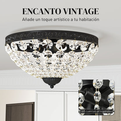 Classic Crystal Ceiling Light with 2 E14 Sockets, 40W, Vintage Flush Mount with 168 Crystal Beads for Bedroom, Living Room, Kitchen and Dining Room, Black