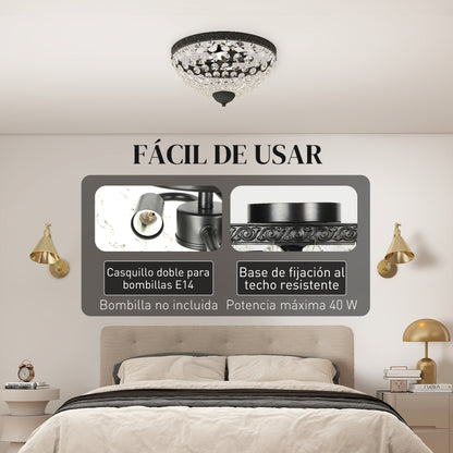 Classic Crystal Ceiling Light with 2 E14 Sockets, 40W, Vintage Flush Mount with 168 Crystal Beads for Bedroom, Living Room, Kitchen and Dining Room, Black