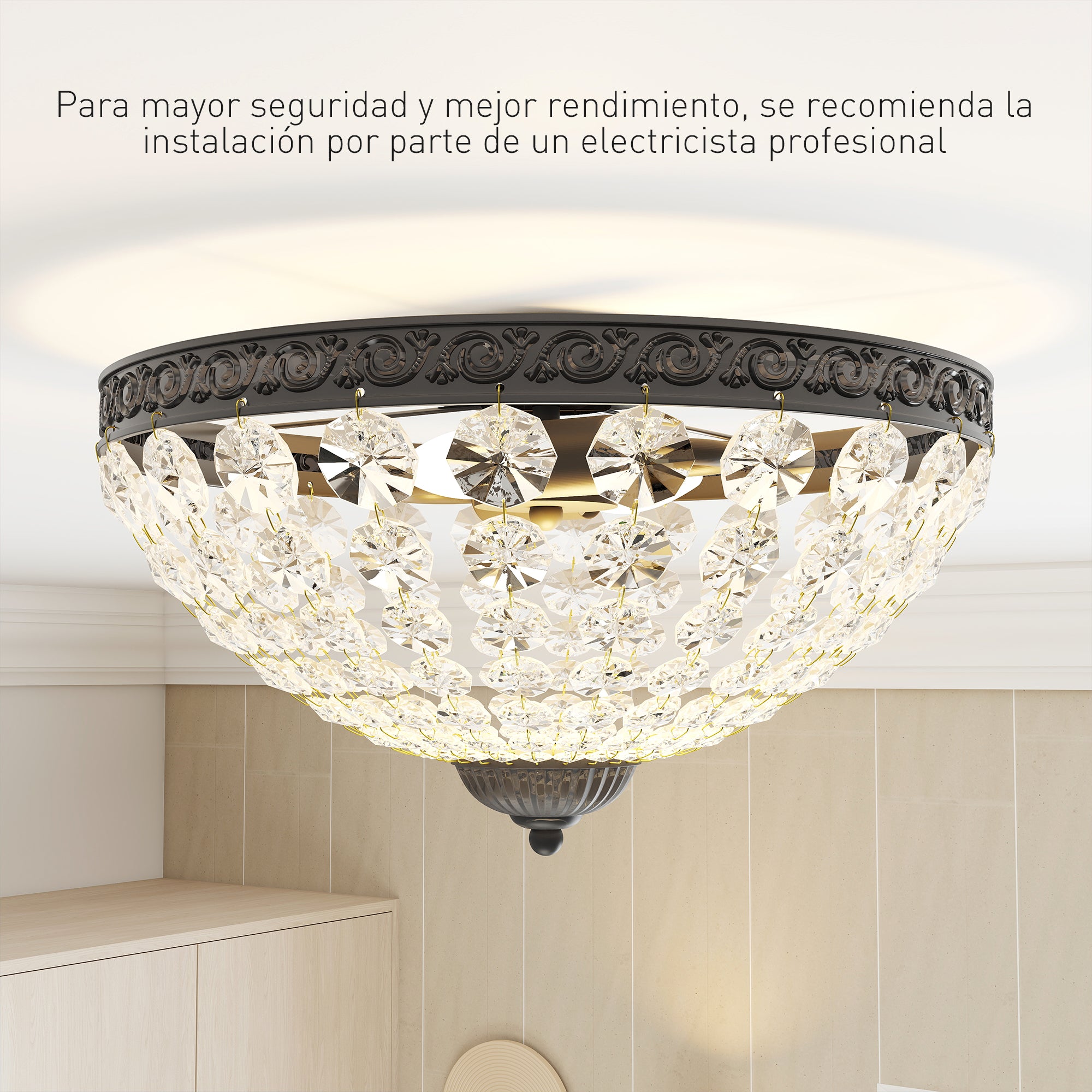 Classic Crystal Ceiling Light with 2 E14 Sockets, 40W, Vintage Flush Mount with 168 Crystal Beads for Bedroom, Living Room, Kitchen and Dining Room, Black