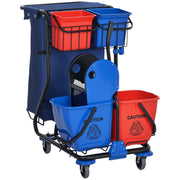 Professional Cleaning Cart with Trash Bag, 2 18L Mop Buckets, 2 6L Storage Buckets, Mop Wringer, Hook, and Wheels for Hotel and Inn, 93x80x97 cm, Red