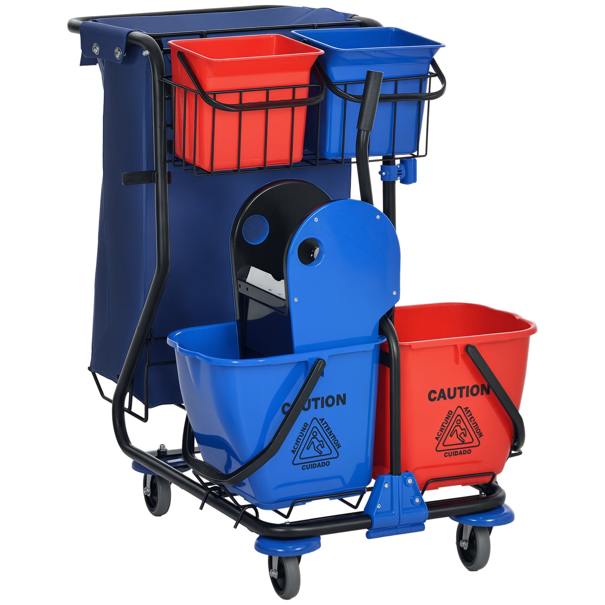 Professional Cleaning Cart with Trash Bag, 2 18L Mop Buckets, 2 6L Storage Buckets, Mop Wringer, Hook, and Wheels for Hotel and Inn, 93x80x97 cm, Red