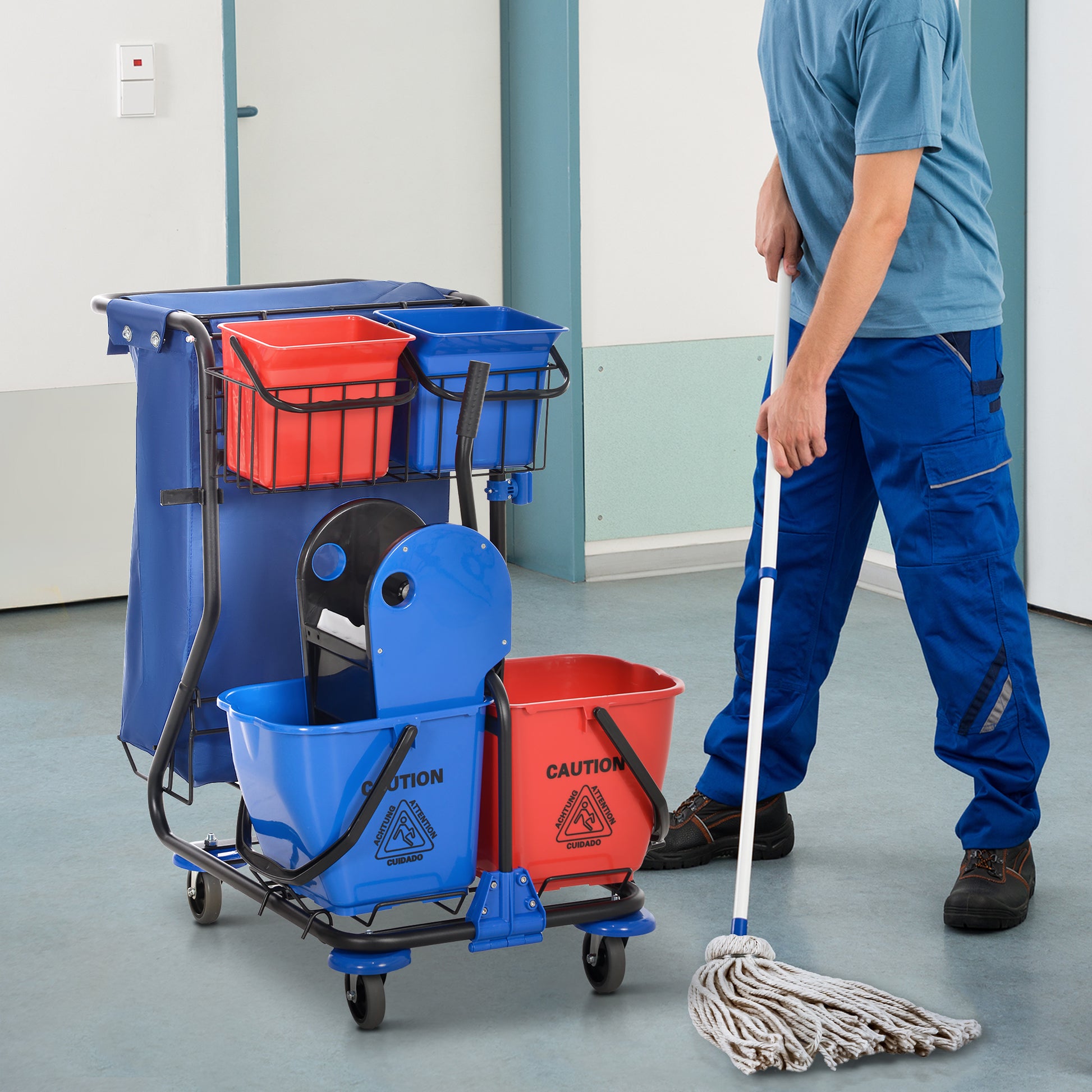 Professional Cleaning Cart with Trash Bag, 2 18L Mop Buckets, 2 6L Storage Buckets, Mop Wringer, Hook, and Wheels for Hotel and Inn, 93x80x97 cm, Red