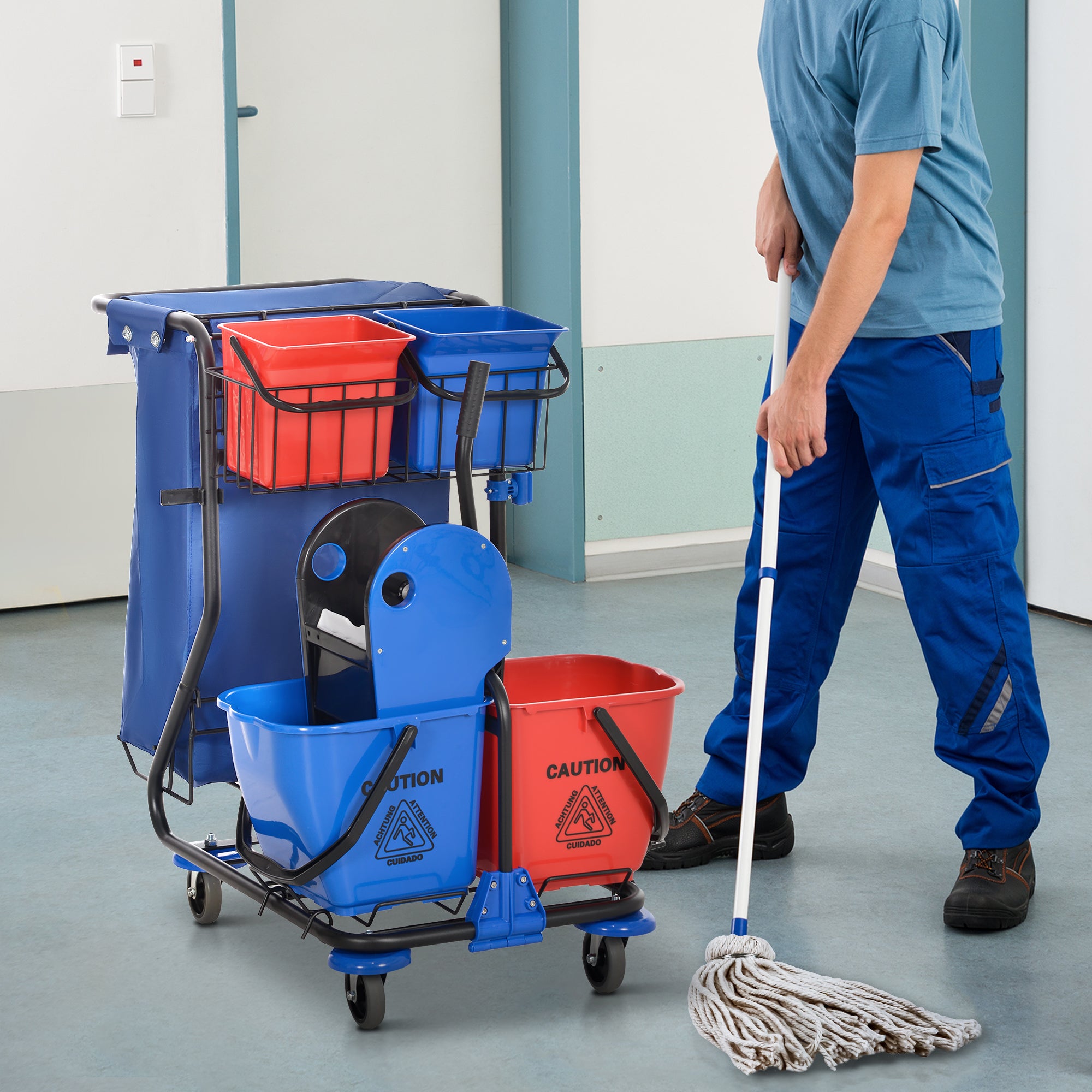 Professional Cleaning Cart with Trash Bag, 2 18L Mop Buckets, 2 6L Storage Buckets, Mop Wringer, Hook, and Wheels for Hotel and Inn, 93x80x97 cm, Red