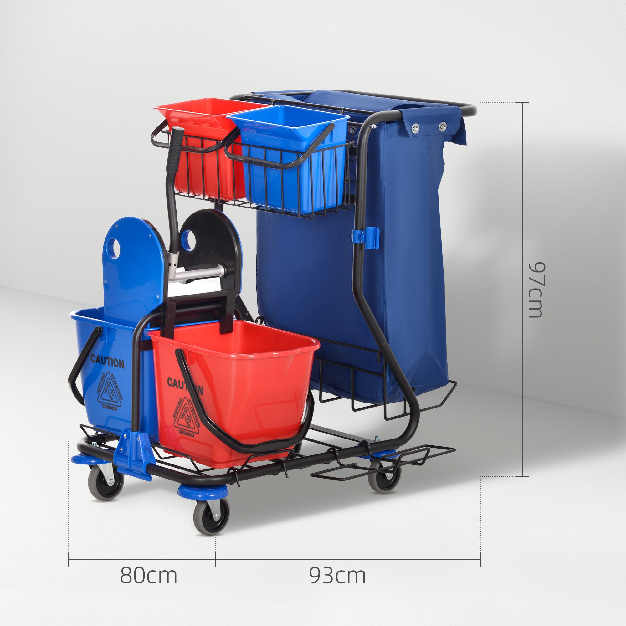 Professional Cleaning Cart with Trash Bag, 2 18L Mop Buckets, 2 6L Storage Buckets, Mop Wringer, Hook, and Wheels for Hotel and Inn, 93x80x97 cm, Red