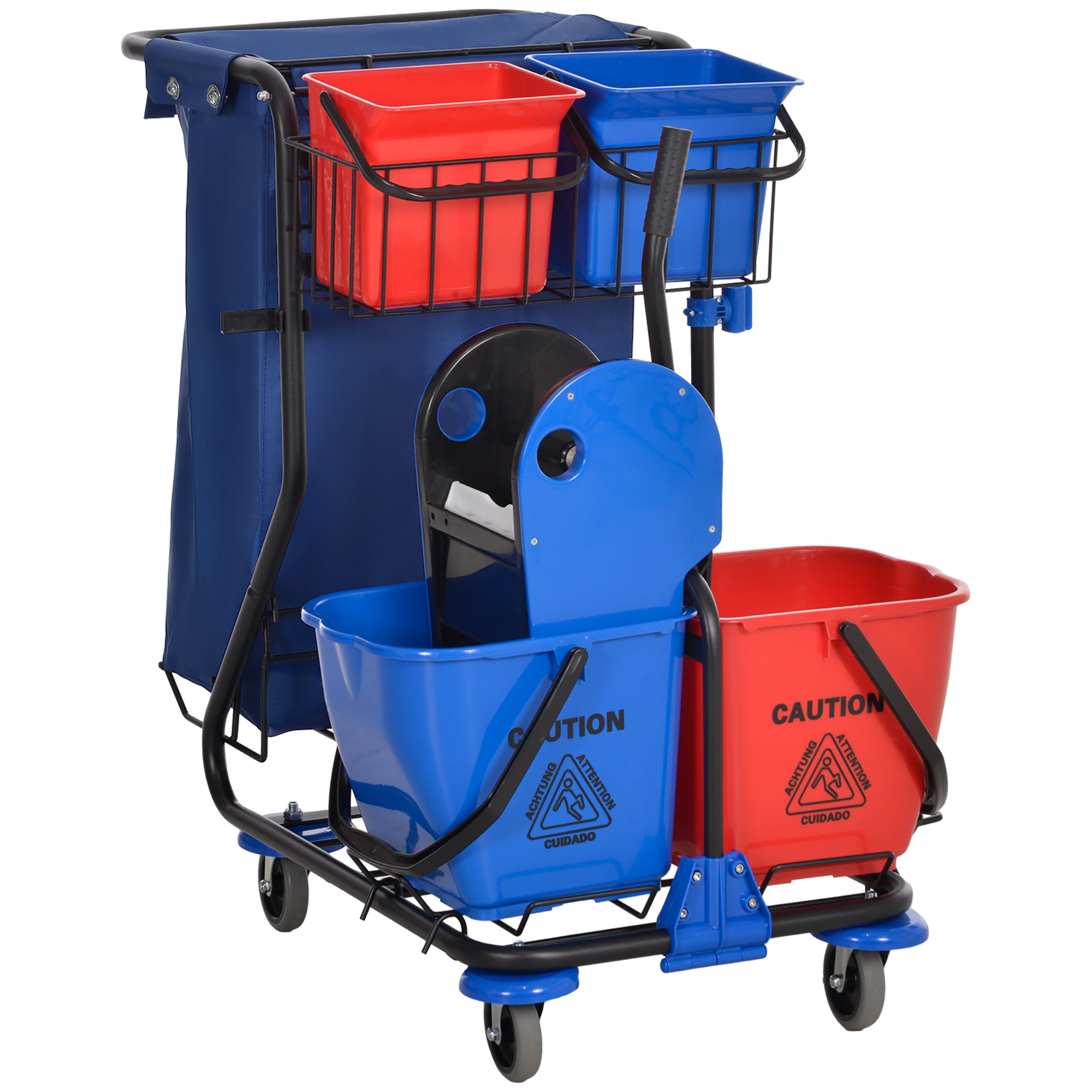 Professional Cleaning Cart with Trash Bag, 2 18L Mop Buckets, 2 6L Storage Buckets, Mop Wringer, Hook, and Wheels for Hotel and Inn, 93x80x97 cm, Red