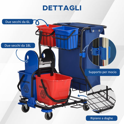 Professional Cleaning Cart with Trash Bag, 2 18L Mop Buckets, 2 6L Storage Buckets, Mop Wringer, Hook, and Wheels for Hotel and Inn, 93x80x97 cm, Red