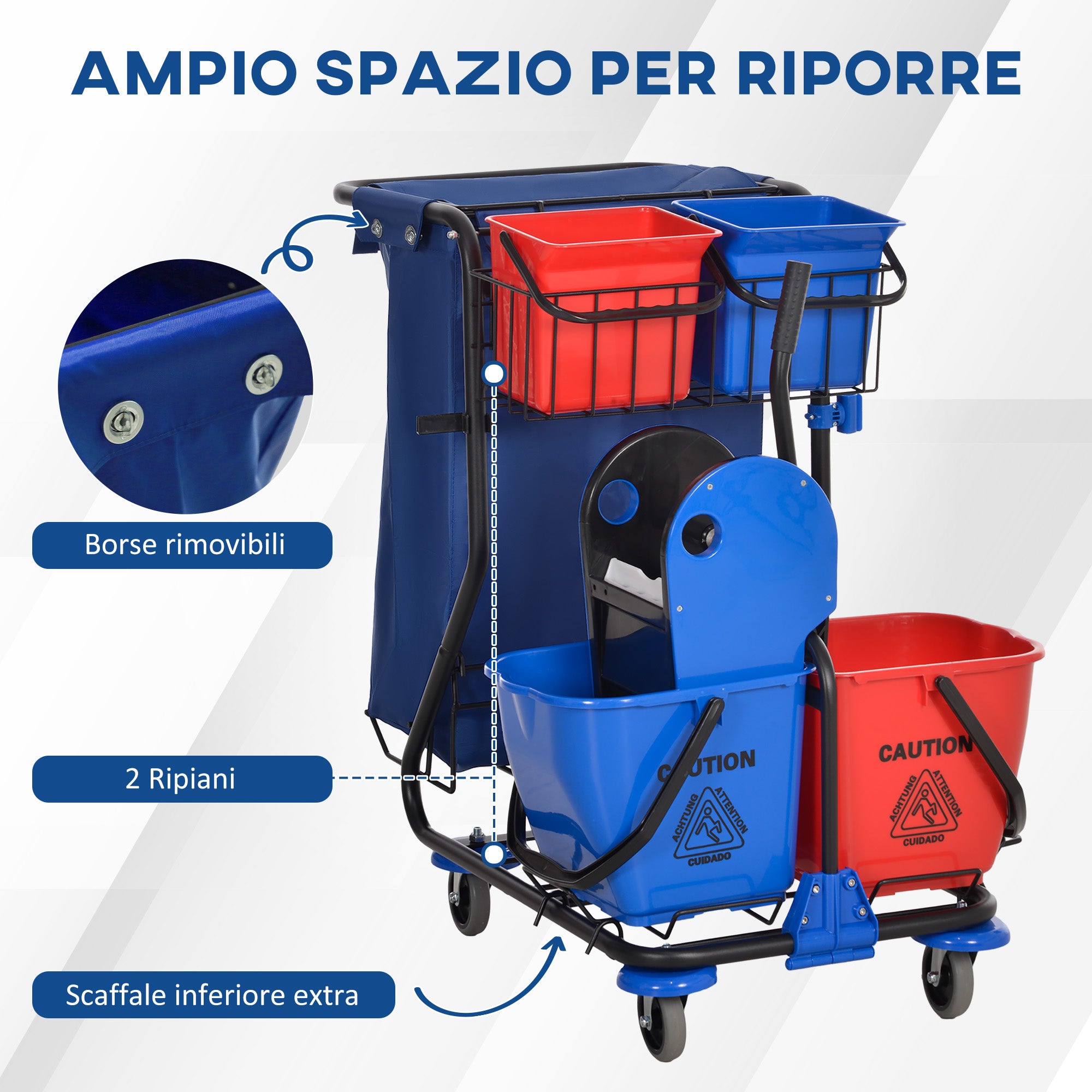 Professional Cleaning Cart with Trash Bag, 2 18L Mop Buckets, 2 6L Storage Buckets, Mop Wringer, Hook, and Wheels for Hotel and Inn, 93x80x97 cm, Red