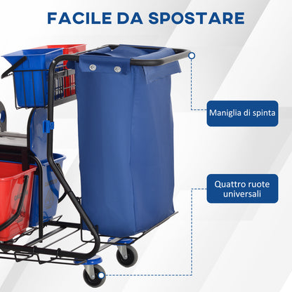Professional Cleaning Cart with Trash Bag, 2 18L Mop Buckets, 2 6L Storage Buckets, Mop Wringer, Hook, and Wheels for Hotel and Inn, 93x80x97 cm, Red