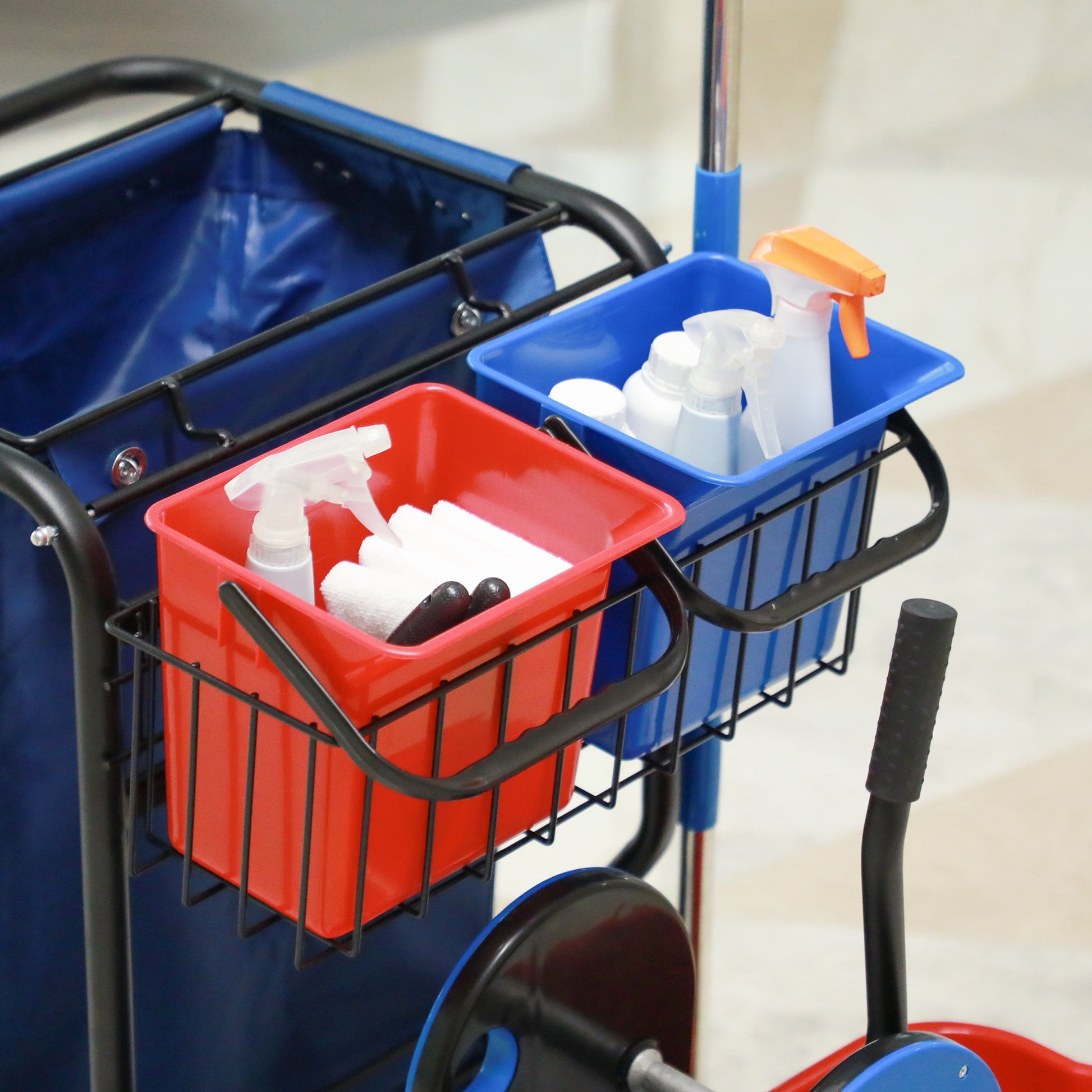 Professional Cleaning Cart with Trash Bag, 2 18L Mop Buckets, 2 6L Storage Buckets, Mop Wringer, Hook, and Wheels for Hotel and Inn, 93x80x97 cm, Red