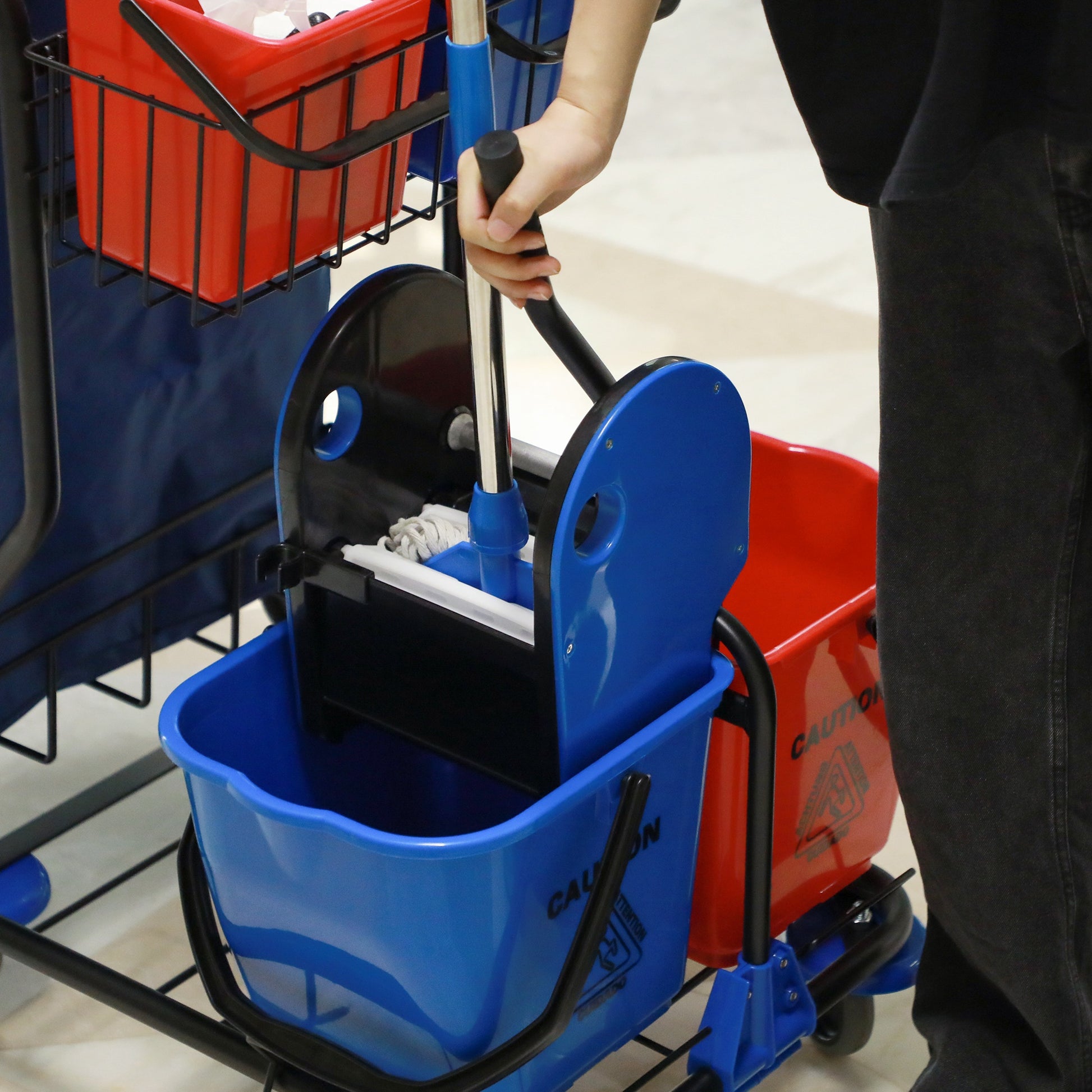 Professional Cleaning Cart with Trash Bag, 2 18L Mop Buckets, 2 6L Storage Buckets, Mop Wringer, Hook, and Wheels for Hotel and Inn, 93x80x97 cm, Red