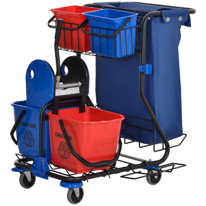 Professional Cleaning Cart with Trash Bag, 2 18L Mop Buckets, 2 6L Storage Buckets, Mop Wringer, Hook, and Wheels for Hotel and Inn, 93x80x97 cm, Red