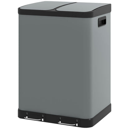 Trash Can 2 x 30L Pedal-Bin with Lid, Trash Can, Recycle Bin System Metal with Plastic Inner Bucket, Soft Close for Living Room, Office, Metal, 48.8 x 39.5 x 67 cm