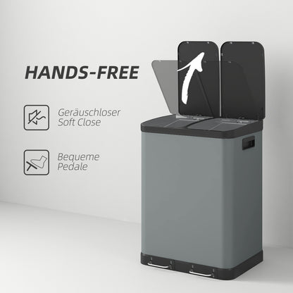 Trash Can 2 x 30L Pedal-Bin with Lid, Trash Can, Recycle Bin System Metal with Plastic Inner Bucket, Soft Close for Living Room, Office, Metal, 48.8 x 39.5 x 67 cm