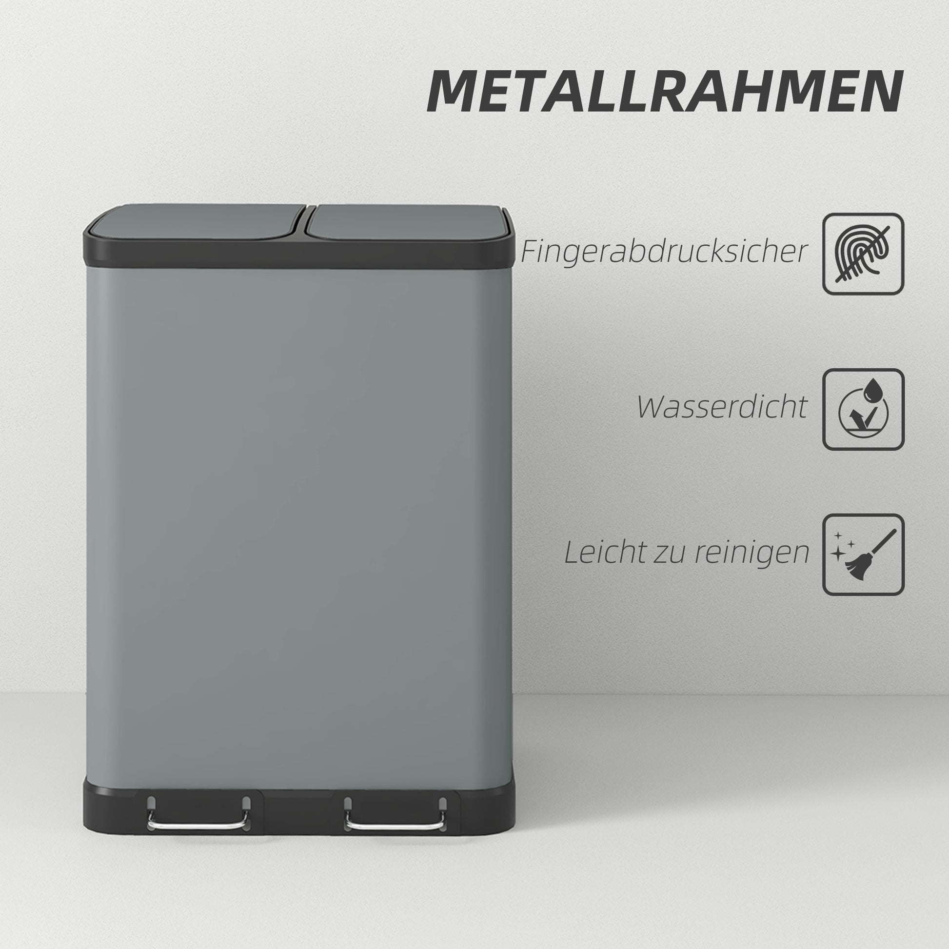 Trash Can 2 x 30L Pedal-Bin with Lid, Trash Can, Recycle Bin System Metal with Plastic Inner Bucket, Soft Close for Living Room, Office, Metal, 48.8 x 39.5 x 67 cm