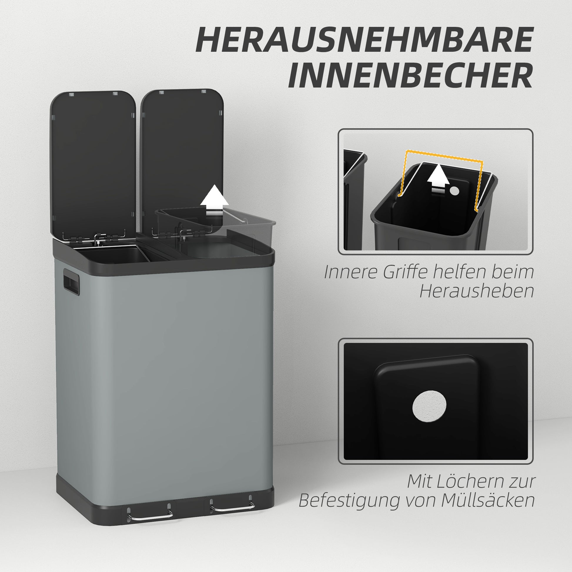 Trash Can 2 x 30L Pedal-Bin with Lid, Trash Can, Recycle Bin System Metal with Plastic Inner Bucket, Soft Close for Living Room, Office, Metal, 48.8 x 39.5 x 67 cm