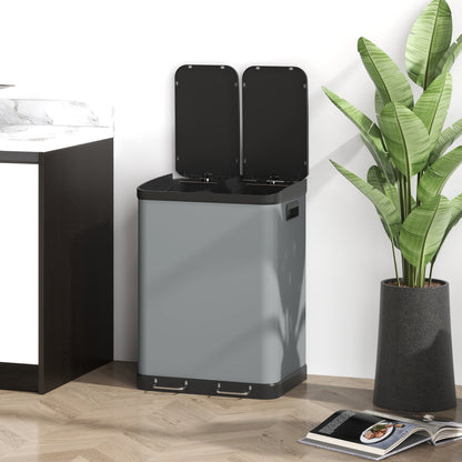 Trash Can 2 x 30L Pedal-Bin with Lid, Trash Can, Recycle Bin System Metal with Plastic Inner Bucket, Soft Close for Living Room, Office, Metal, 48.8 x 39.5 x 67 cm