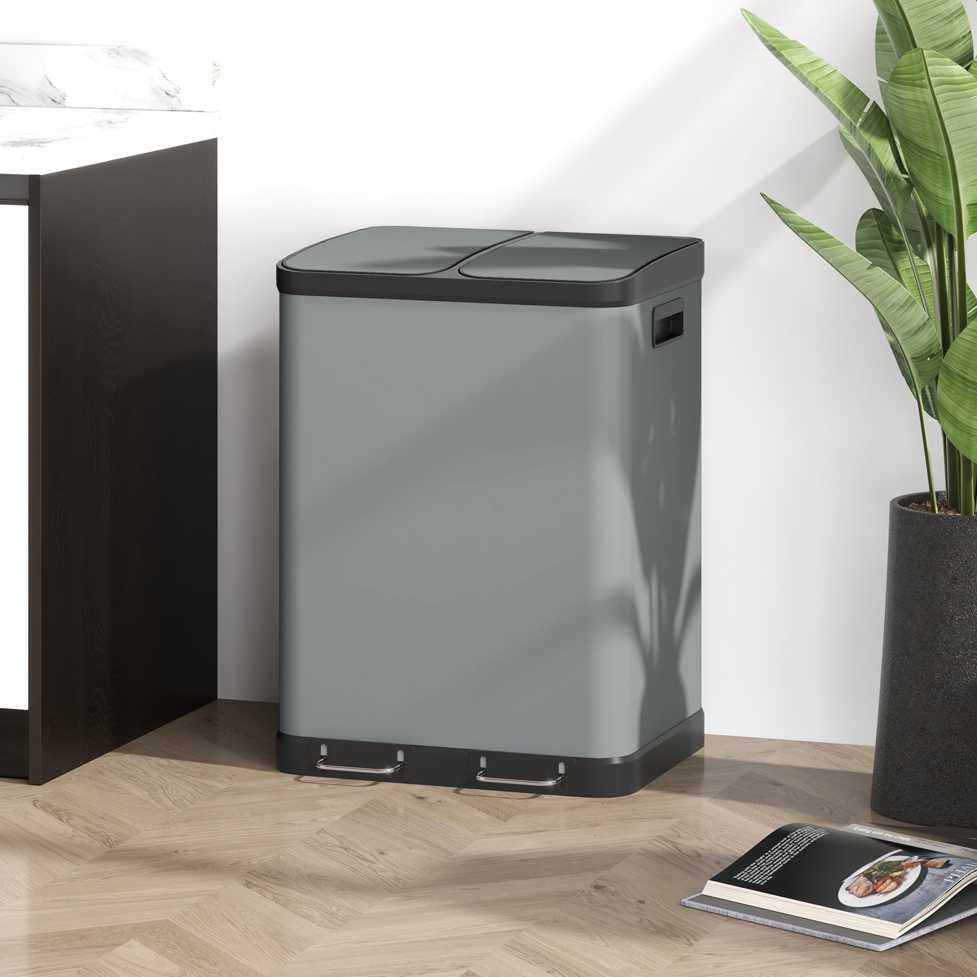 Trash Can 2 x 30L Pedal-Bin with Lid, Trash Can, Recycle Bin System Metal with Plastic Inner Bucket, Soft Close for Living Room, Office, Metal, 48.8 x 39.5 x 67 cm