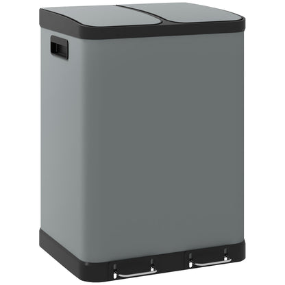 Trash Can 2 x 30L Pedal-Bin with Lid, Trash Can, Recycle Bin System Metal with Plastic Inner Bucket, Soft Close for Living Room, Office, Metal, 48.8 x 39.5 x 67 cm