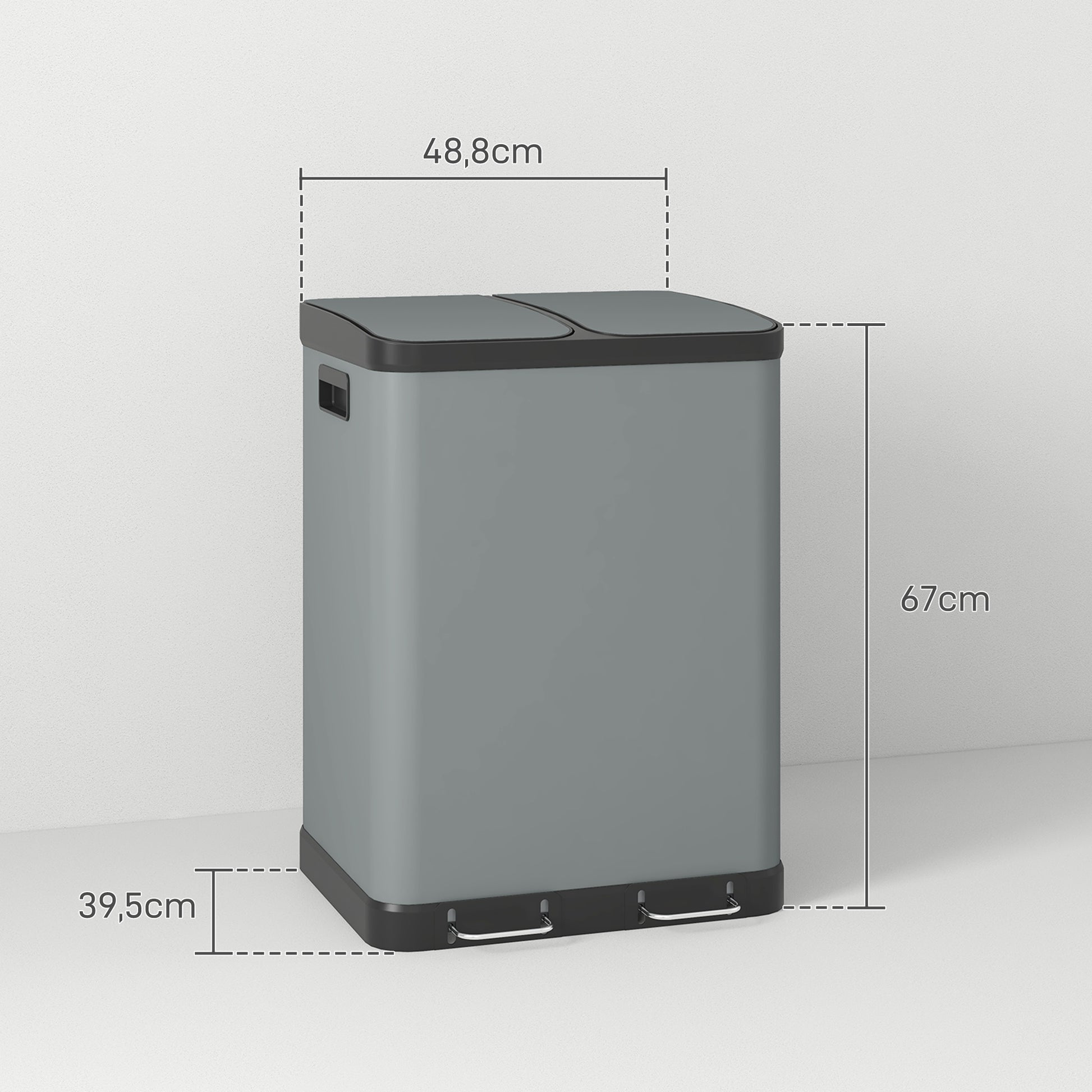 Trash Can 2 x 30L Pedal-Bin with Lid, Trash Can, Recycle Bin System Metal with Plastic Inner Bucket, Soft Close for Living Room, Office, Metal, 48.8 x 39.5 x 67 cm