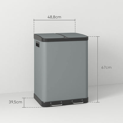 Trash Can 2 x 30L Pedal-Bin with Lid, Trash Can, Recycle Bin System Metal with Plastic Inner Bucket, Soft Close for Living Room, Office, Metal, 48.8 x 39.5 x 67 cm