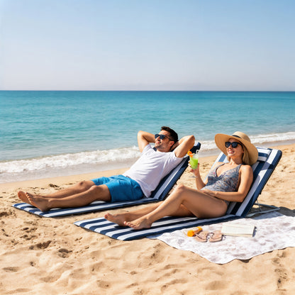 Folding Beach Lounger with Cushion — 5-Position Adjustable Backrest, Includes Carry Bag for Garden, Holidays, Outdoors, Beach & Pool, Blue (Set of 2)