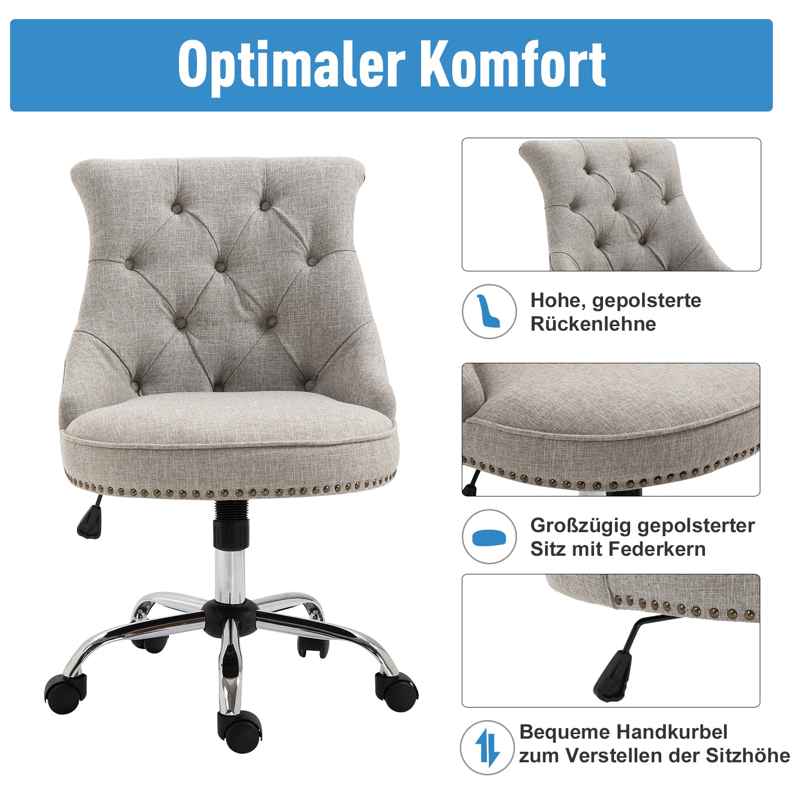 Swivel Chair with Casters Upholstered Office Chair 360° Swivel Height Adjustable Linen Metal Gray 54 x 65.5 x (84-91) cm