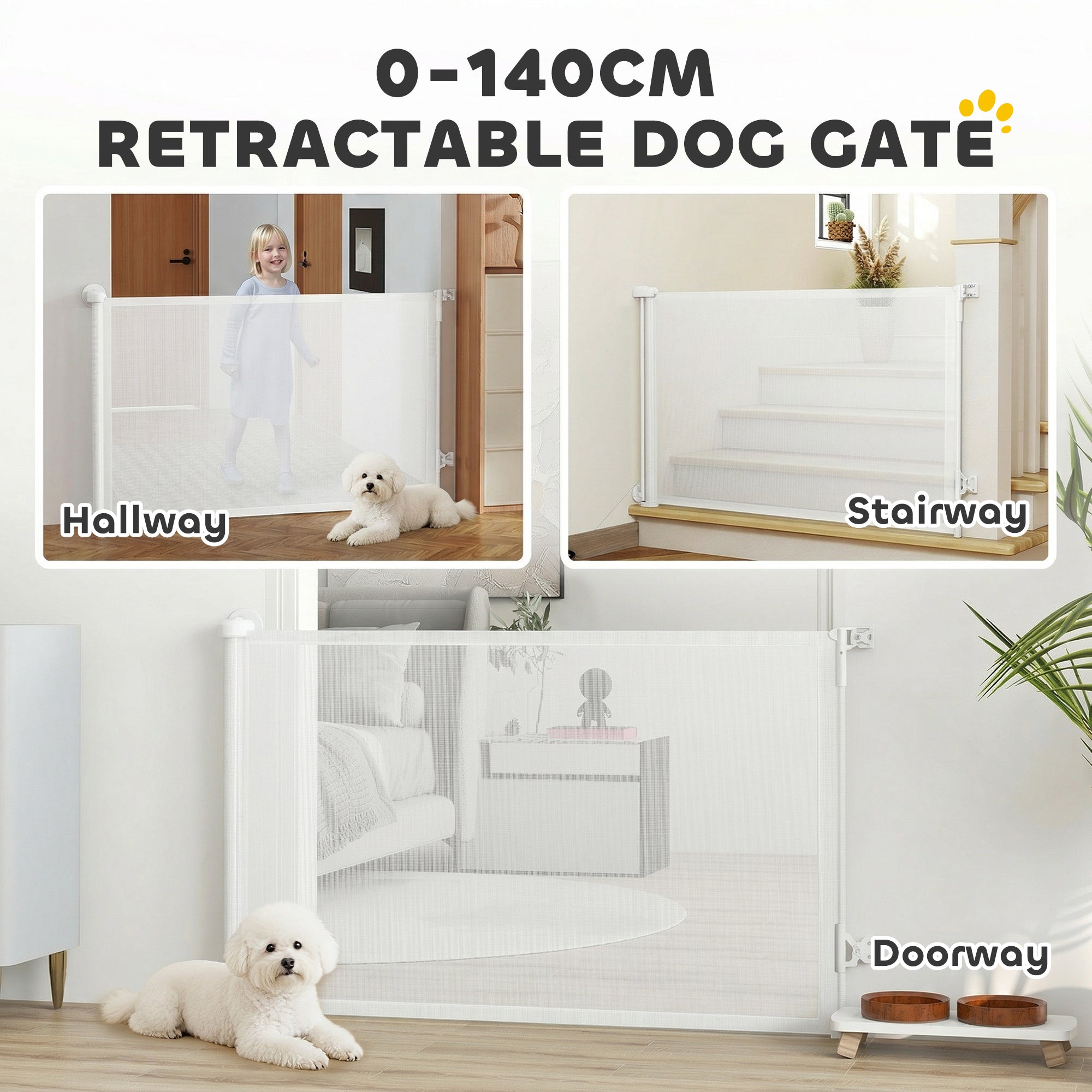 Retractable Stair & Door Safety Gate — Extends to 55 in, One-Hand Operation, Retractable Mesh Gate for Pets, Indoor/Outdoor, White