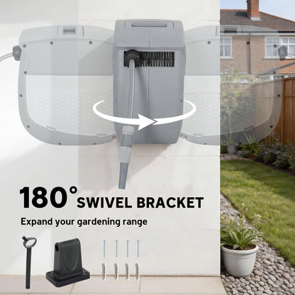 98 ft (30 m) Retractable Garden Hose Reel — 180° Swivel, Auto-Retract & Self-Locking, Wall-Mount, Gray