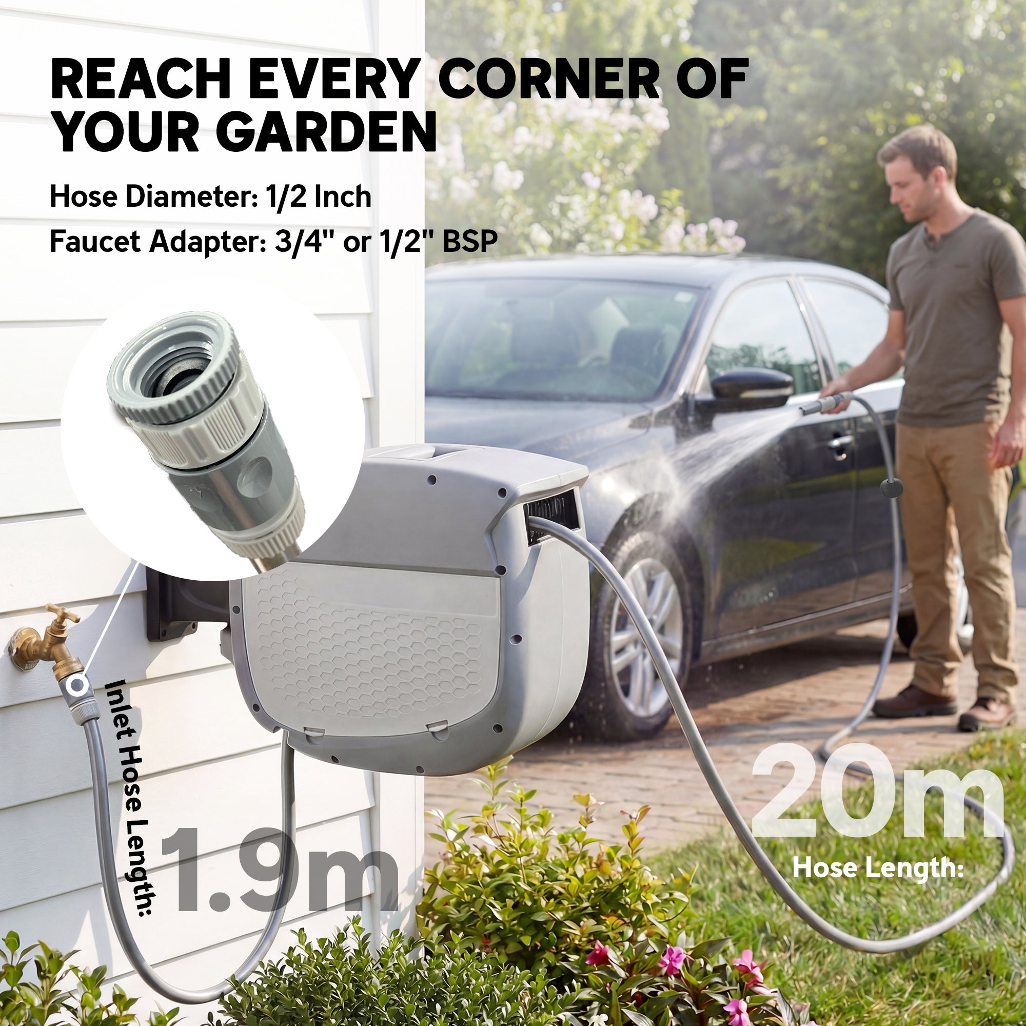 98 ft (30 m) Retractable Garden Hose Reel — 180° Swivel, Auto-Retract & Self-Locking, Wall-Mount, Gray