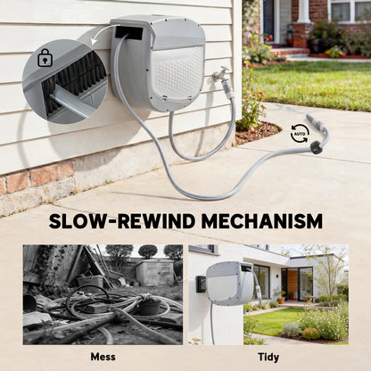 98 ft (30 m) Retractable Garden Hose Reel — 180° Swivel, Auto-Retract & Self-Locking, Wall-Mount, Gray